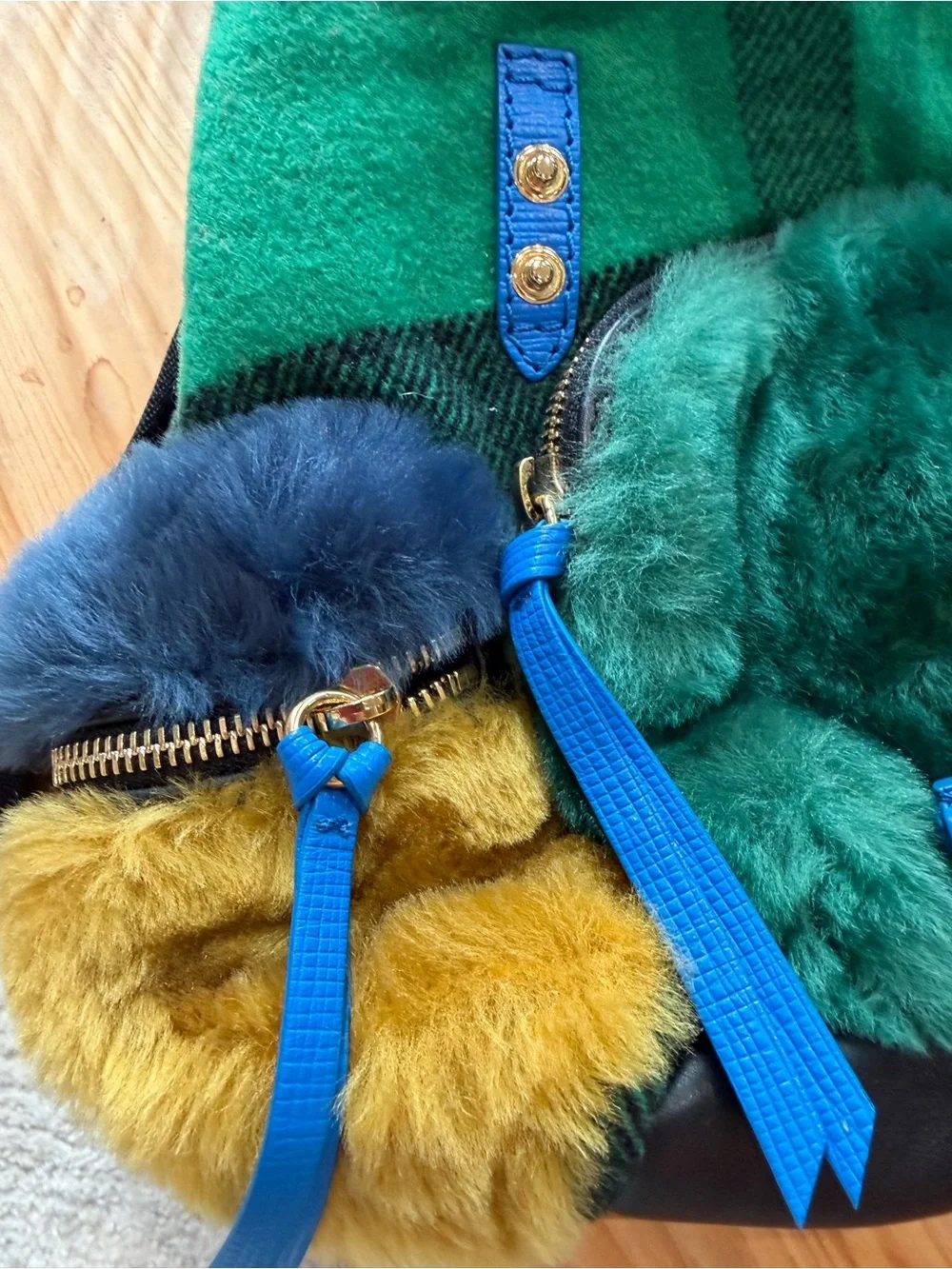 Runway Burberry Green and Blue Faux-Fur Drawstring Backpack with Yellow Accents